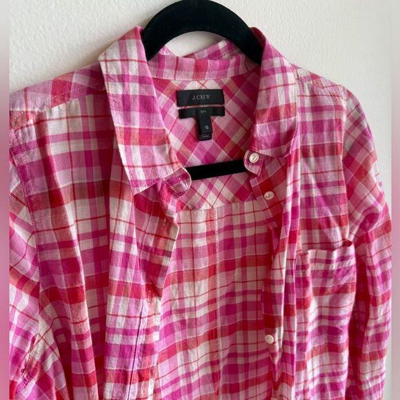 J. Crew Tops - J.Crew Pink Plaid Gauze Button-Down Shirt | Size 10 💖 Lightweight & perfect for